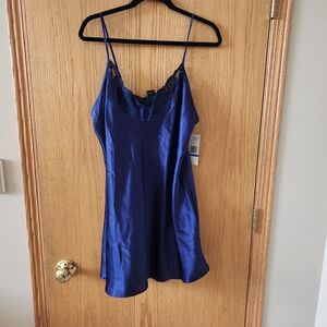 Royal Blue Satin Chemise with Lace Trim and Spaghetti Straps